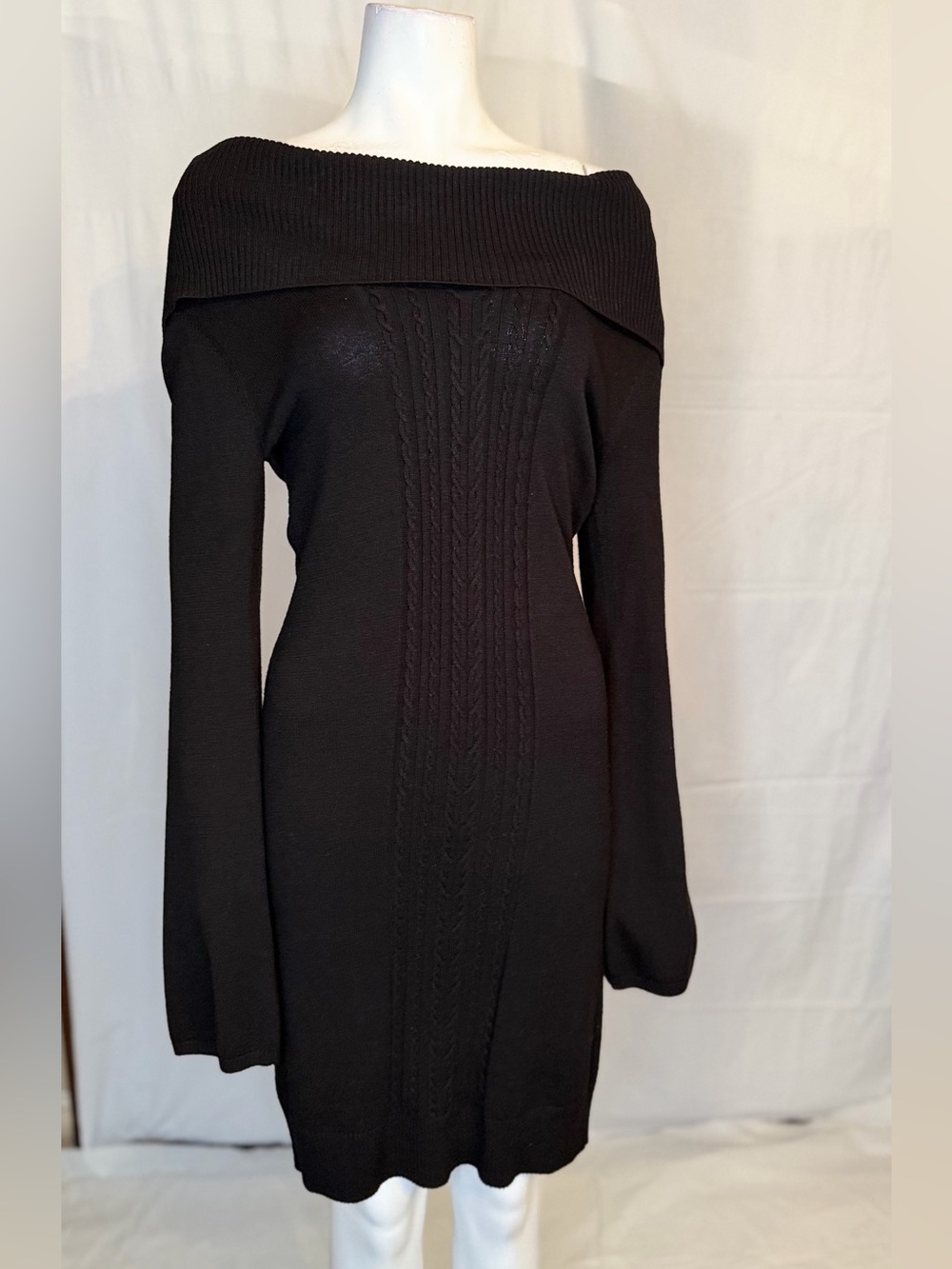 BCBGMaxAzria Black Off-the-Shoulder Cable Knit Sweater Dress